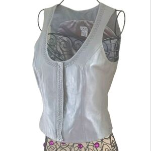 Vintage Cache' Soft Genuine Leather Zipped Front Vest Braided Trim Size 4 Grey